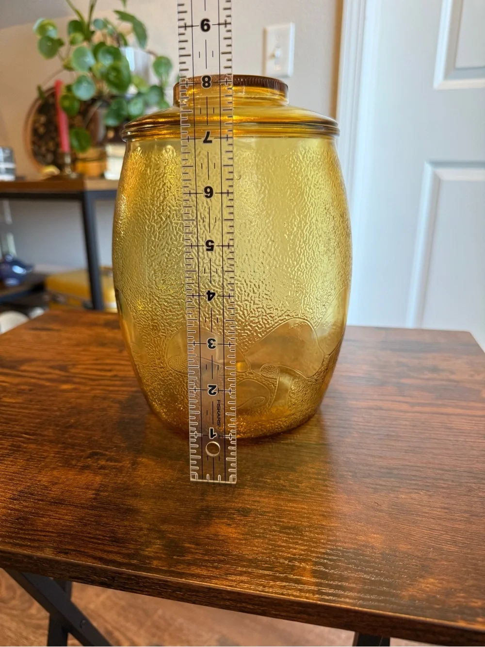 Vintage 1970s Bartlett-Collins Amber Glass Mushroom Cookie Jar Canister with Lid